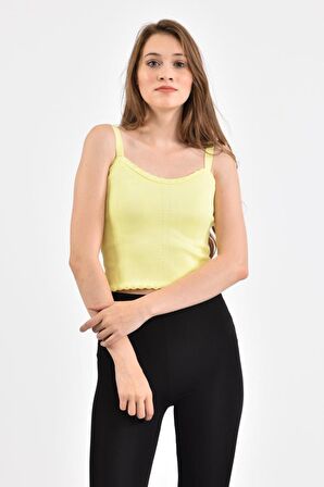 Modkofoni Askılı Dantel Desenli Kısa Triko Sarı Kadın Bluz