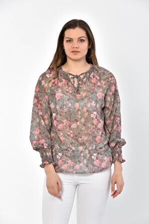 Modkofoni Uzun Kollu Belden Lastikli Çiçekli Pembe Tül Kadın Bluz
