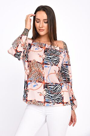 Modkofoni Uzun Kollu Omuz Detaylı Desenli Bej Kadın Bluz