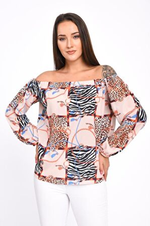 Modkofoni Uzun Kollu Omuz Detaylı Desenli Bej Kadın Bluz