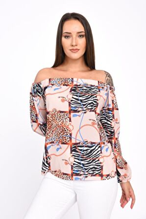 Modkofoni Uzun Kollu Omuz Detaylı Desenli Bej Kadın Bluz
