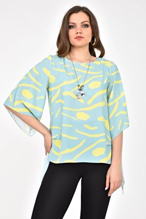 Modkofoni Bisiklet Yaka Yarasa Kollu Takı Detaylı Desenli Mint Kadın Bluz