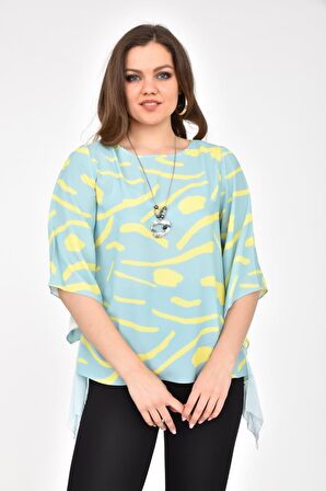 Modkofoni Bisiklet Yaka Yarasa Kollu Takı Detaylı Desenli Mint Kadın Bluz
