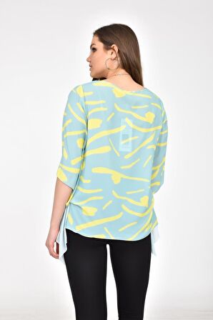 Modkofoni Bisiklet Yaka Yarasa Kollu Takı Detaylı Desenli Mint Kadın Bluz