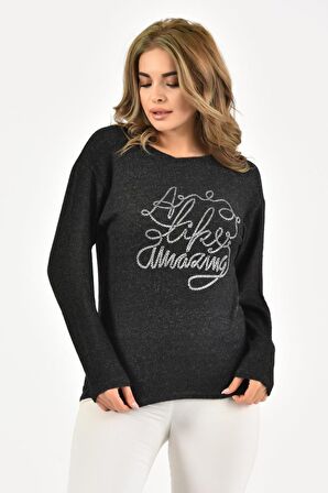 Modkofoni Bisiklet Yaka Nakış Baskılı Örme Siyah Kadın Bluz