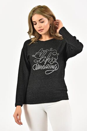 Modkofoni Bisiklet Yaka Nakış Baskılı Örme Siyah Kadın Bluz