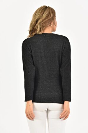 Modkofoni Bisiklet Yaka Nakış Baskılı Örme Siyah Kadın Bluz