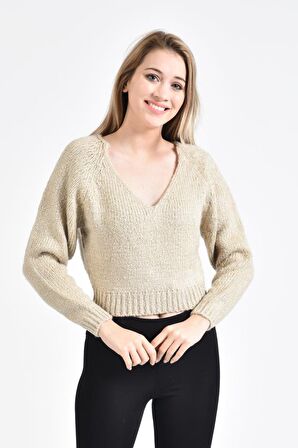 Modkofoni V Yaka Yarasa Uzun Kollu Bej Kadın Bluz