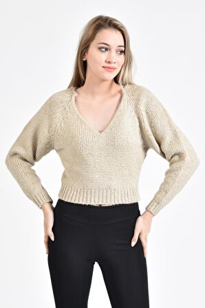 Modkofoni V Yaka Yarasa Uzun Kollu Bej Kadın Bluz