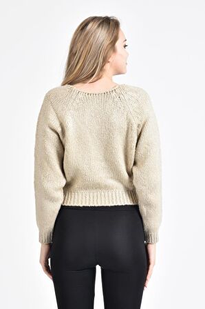 Modkofoni V Yaka Yarasa Uzun Kollu Bej Kadın Bluz