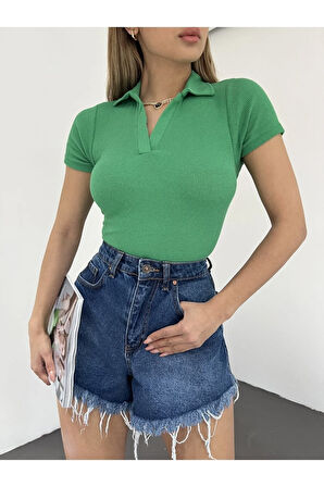 Kadın Polo Yaka Kısa Kollu Kaşkorse Crop Bluz 