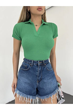 Kadın Polo Yaka Kısa Kollu Kaşkorse Crop Bluz 