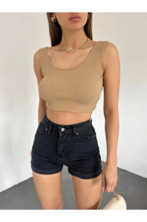 Kadın Kalın Askılı U Yaka Kaşkorse Crop Top