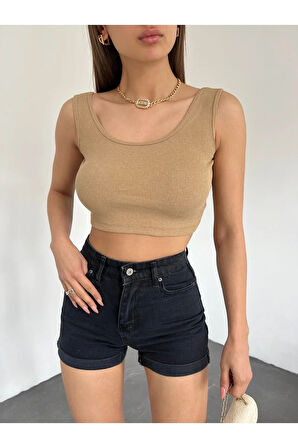 Kadın Kalın Askılı U Yaka Kaşkorse Crop Top