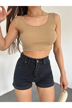 Kadın Kalın Askılı U Yaka Kaşkorse Crop Top