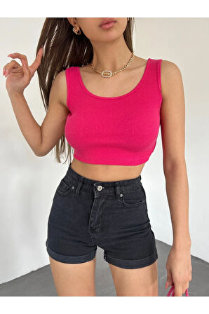 Kadın Kalın Askılı U Yaka Kaşkorse Crop Top