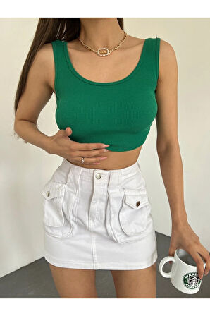 Kadın Kalın Askılı U Yaka Kaşkorse Crop Top