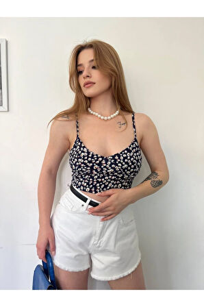 Kadın Askılı Çiçek Desenli Crop Top Bluz 