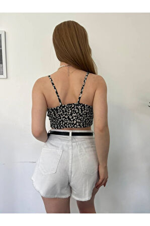 Kadın Askılı Çiçek Desenli Crop Top Bluz 