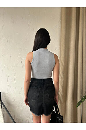 Kadın Dik Yaka Kaşkorse Örme Fitilli Halter Crop Bluz 