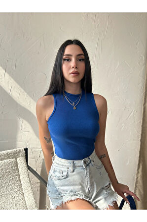 Kadın Dik Yaka Kaşkorse Örme Fitilli Halter Crop Bluz 