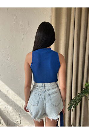 Kadın Dik Yaka Kaşkorse Örme Fitilli Halter Crop Bluz 