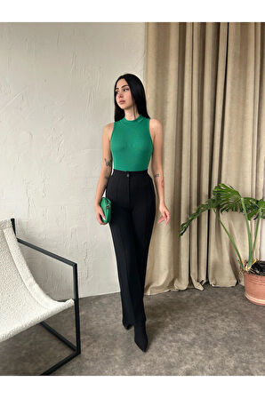 Kadın Dik Yaka Kaşkorse Örme Fitilli Halter Crop Bluz 