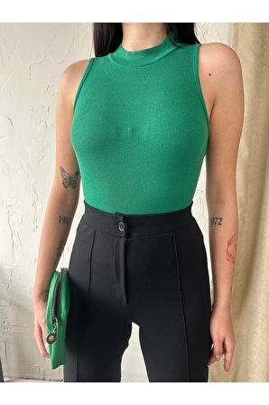 Kadın Dik Yaka Kaşkorse Örme Fitilli Halter Crop Bluz 