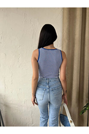 Kadın Halter Yaka Çizgili Kolsuz Kaşkorse Örme Fitilli Crop Bluz 