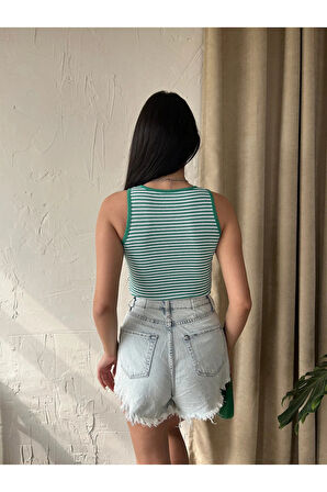 Kadın Halter Yaka Çizgili Kolsuz Kaşkorse Örme Fitilli Crop Bluz 