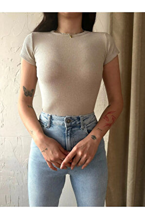 Kadın Bisiklet Yaka Kısa Kollu Kaşkorse Crop Bluz 