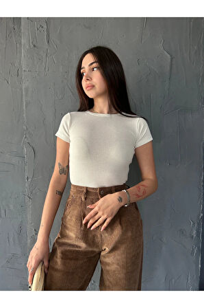 Kadın Bisiklet Yaka Kısa Kollu Kaşkorse Crop Bluz 