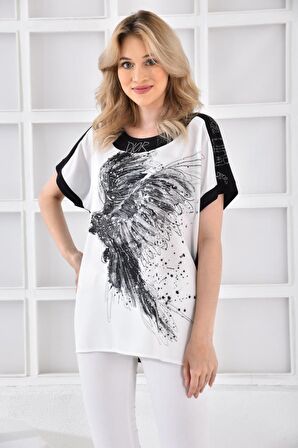 Modkofoni Yuvarlak Yaka Papağan Taş Dizinli Kadın Bluz