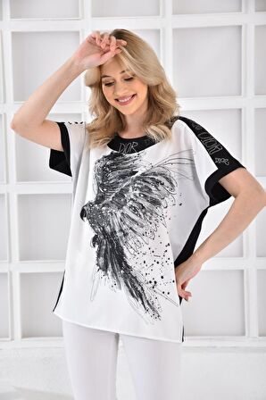 Modkofoni Yuvarlak Yaka Papağan Taş Dizinli Kadın Bluz