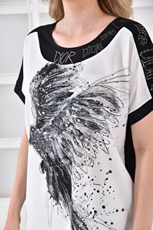 Modkofoni Yuvarlak Yaka Papağan Taş Dizinli Kadın Bluz