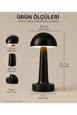 Cata CT-8428 Lizbon Masa Lambası Siyah Şarjlı Dokunmatik Dimmerli 3 Işık Modu 1500 mAh