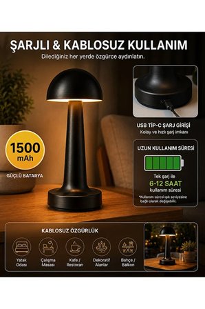 Siyah Şarjlı Dokunmatik Dimmerli Masa Lambası 600 lm Amber / Günışığı / Beyaz Işık