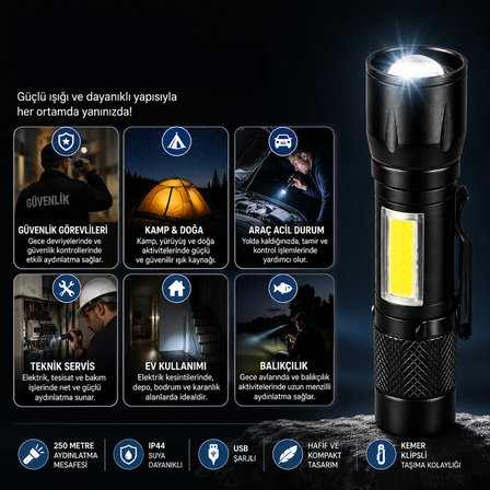 Noas YL05-2031 3W Şarjlı LED El Feneri 250 Metre Kemer Klipsli Siyah