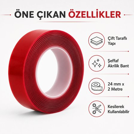 Piton Şeffaf Çift Taraflı Akrilik Montaj Bandı 24 mm x 2 Metre