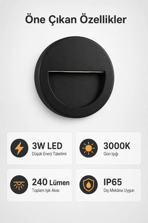 3W LED Duvar ve Basamak Aydınlatma 3000K Gün Işığı IP65 Siyah Yuvarlak