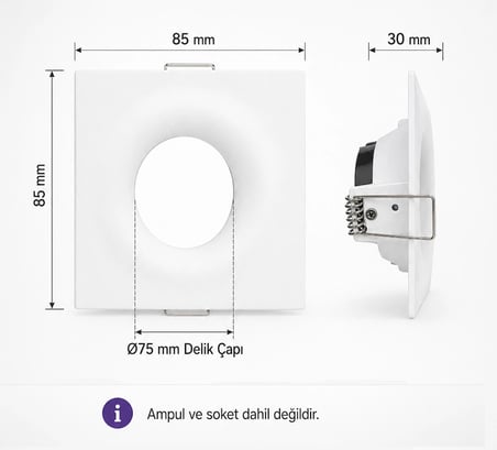 Kare Beyaz Sıva Altı Spot Armatür MR16 / GU10 Uyumlu Ø75 mm Alüminyum