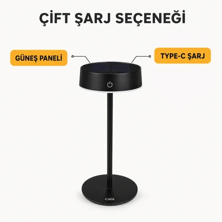 Cata CT-8450 Dubai Masa Lambası Siyah Solar Type-C Şarjlı Dokunmatik 3 Renk Dimmerli LED