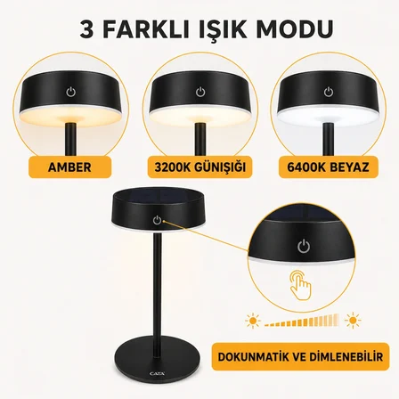 Cata CT-8450 Dubai Masa Lambası Siyah Solar Type-C Şarjlı Dokunmatik 3 Renk Dimmerli LED