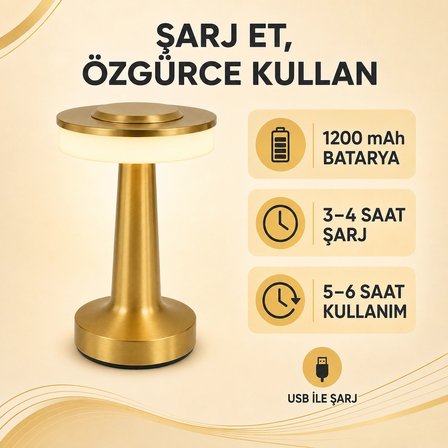Cata CT-8435 Oslo 2W USB Şarjlı Dokunmatik 3 Renk LED Masa Lambası Gold