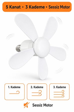  Kumandalı Pervaneli LED Ampul 35W E27 – 5 Kanatlı, 3 Renk ve 3 Kademeli Sessiz Tavan Vantilatörü