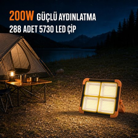 200W Solar Şarjlı Taşınabilir LED Kamp Lambası 4800 mAh 3 Renk SOS USB