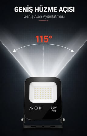 30W SMD LED Projektör 6500K Beyaz Işık 3360 Lümen IP66 115° Siyah Kasa