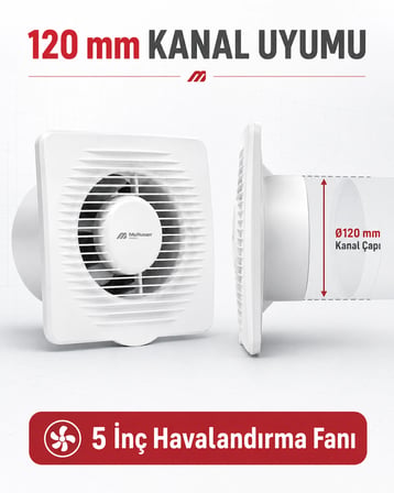  120 mm 5 İnç Banyo Aspiratörü Havalandırma Fanı 15W 120 m³/sa Beyaz