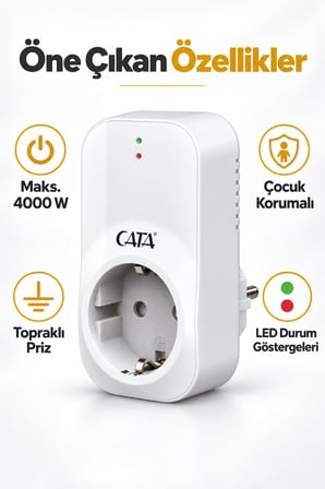 CT-9196 Tekli Akım Korumalı Topraklı Priz 918 Joule 4000 W Çocuk Korumalı Beyaz
