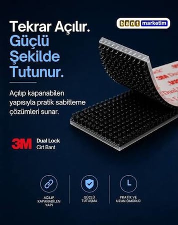 3M Dual Lock Kendinden Yapışkanlı Tak Çıkar Sabitleme Bandı 2,5cm x 2cm Siyah 5 Çift 10 Adet